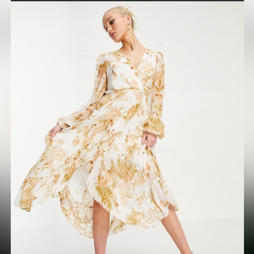 Ever New Ruffle Wrap Midi Floral Dress in ivory and gold floral Sz 4